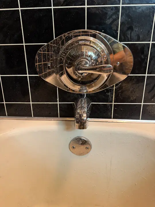 Chrome single-handle shower valve and tub spout on black tile